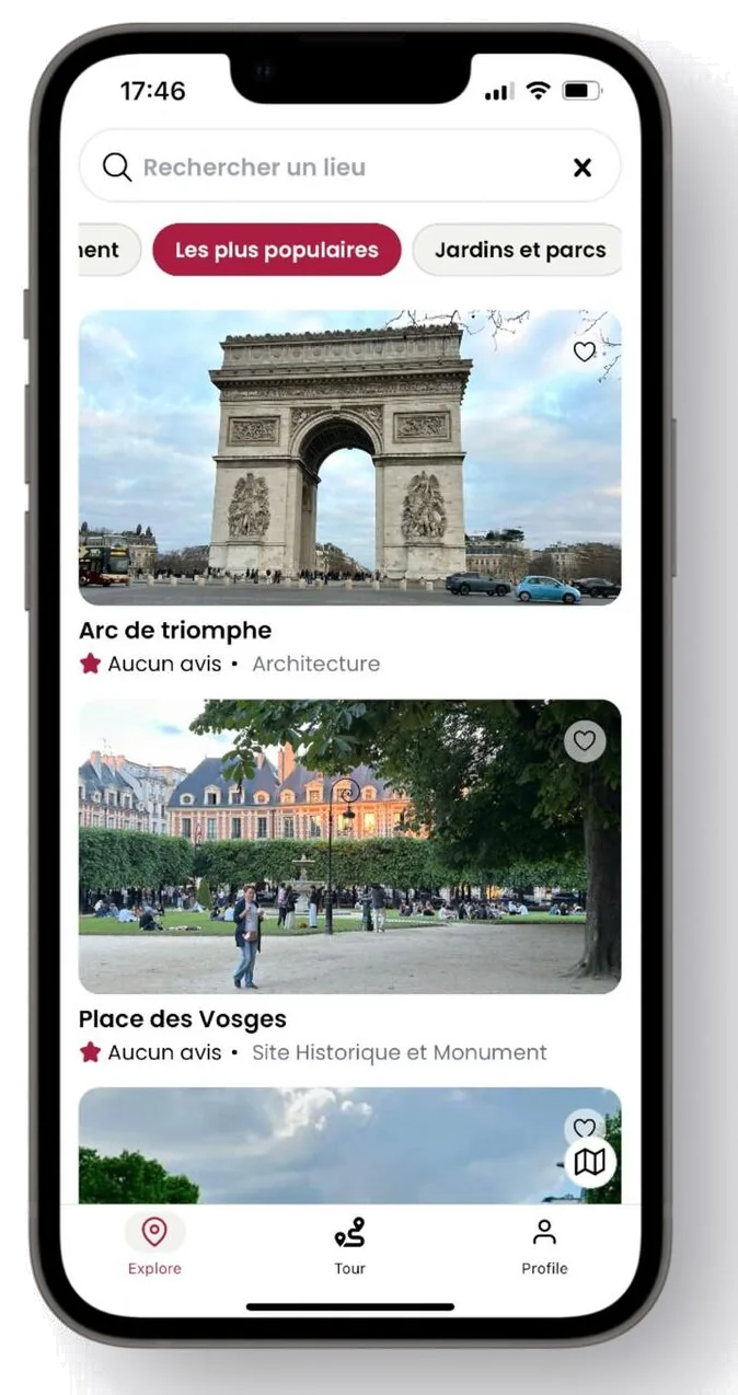 CitySpot explore screen showing the Arc de Triomphe and Place des Vosges
