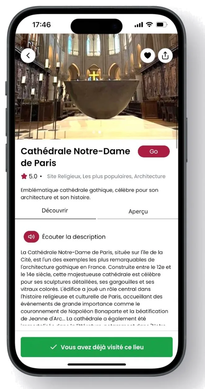 CitySpot detail screen for Cathédrale Notre-Dame de Paris with audio description