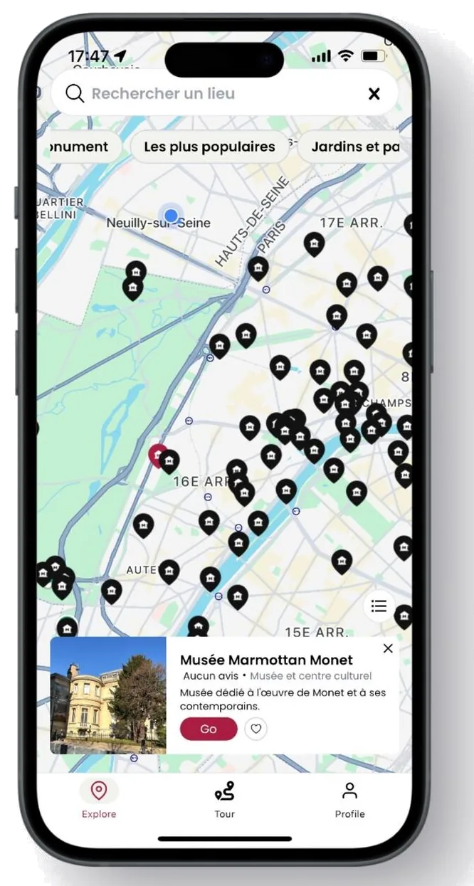 CitySpot map screen showing points of interest across Paris