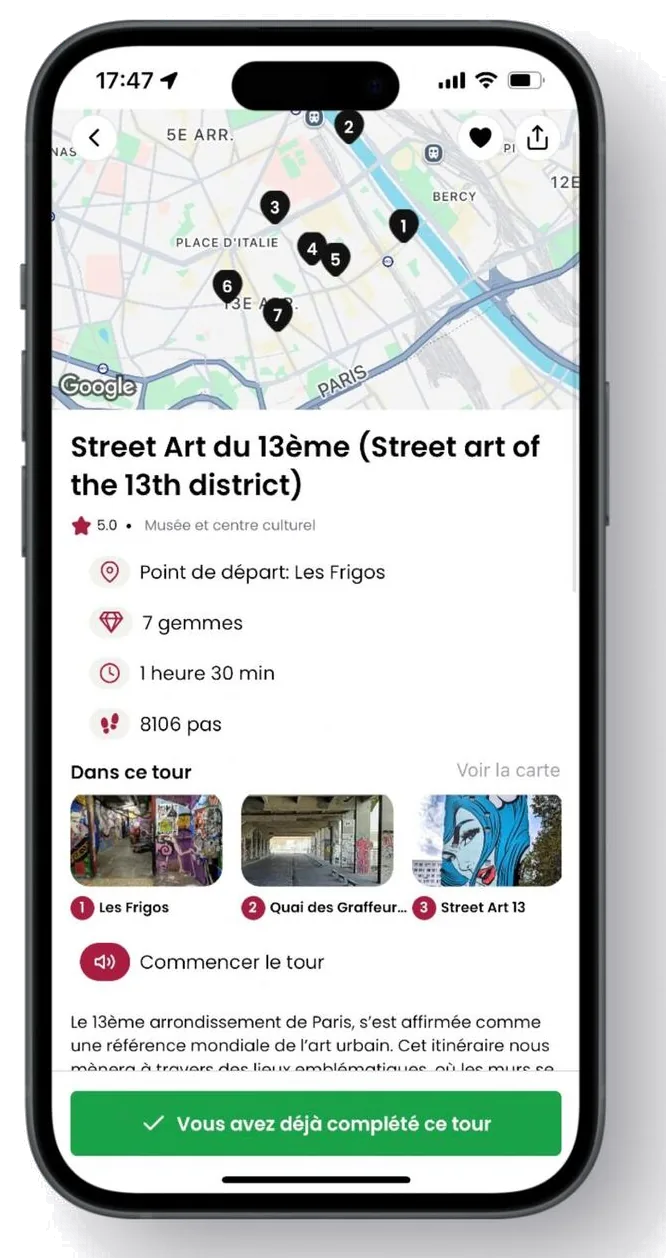 CitySpot tour detail screen for the Street Art of the 13th arrondissement
