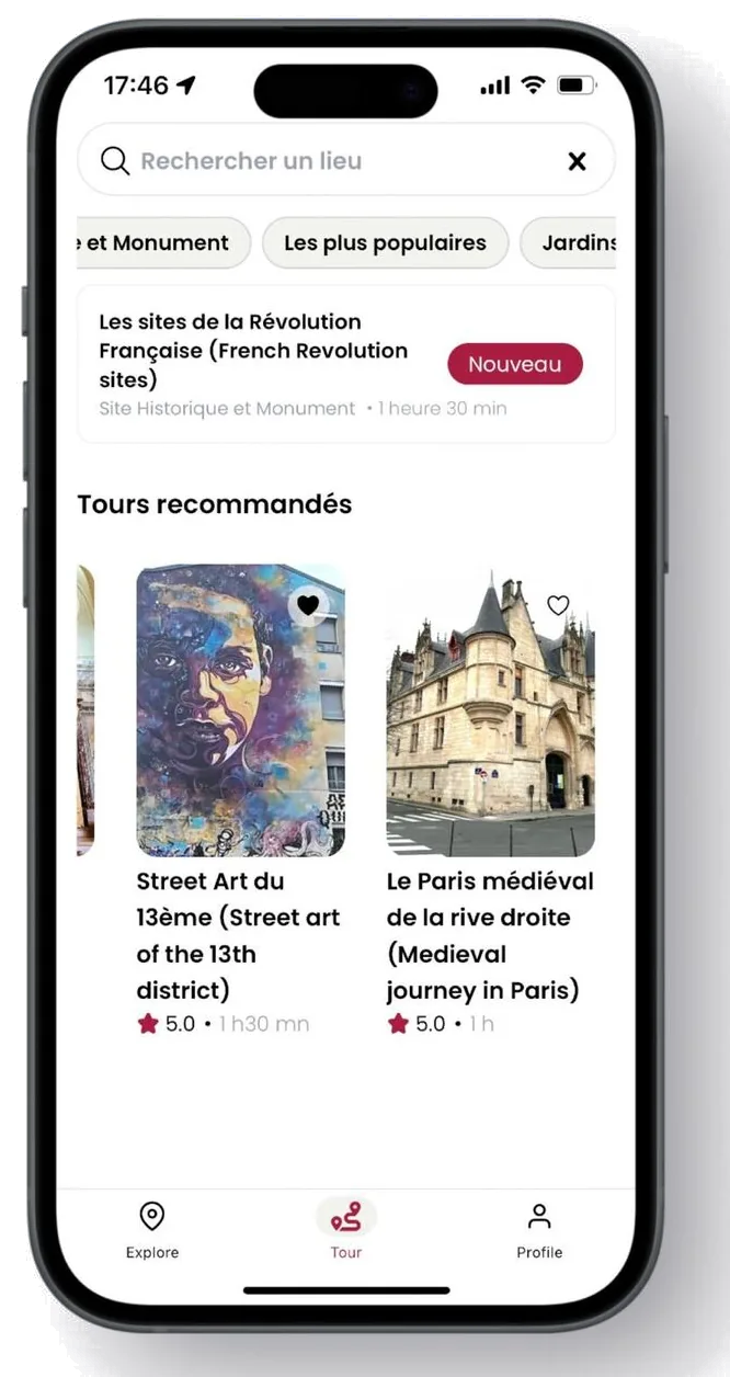 CitySpot tours screen showing recommended walking tours of Paris