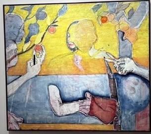 黄色背景上，人物围坐在蓝色桌旁，枝头结着果实