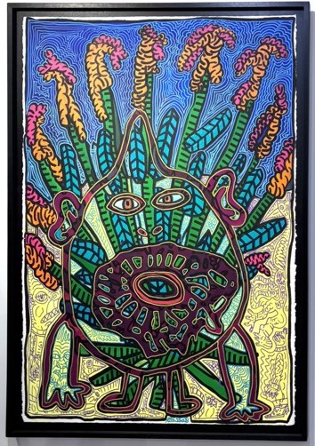 Robert Combas 的色彩鲜艳绘画：粗黑轮廓线勾勒的花卉与多眼生物