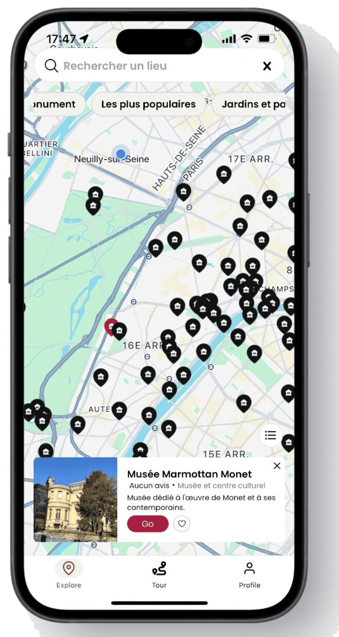 CitySpot-Kartenansicht mit Sehenswürdigkeiten in ganz Paris
