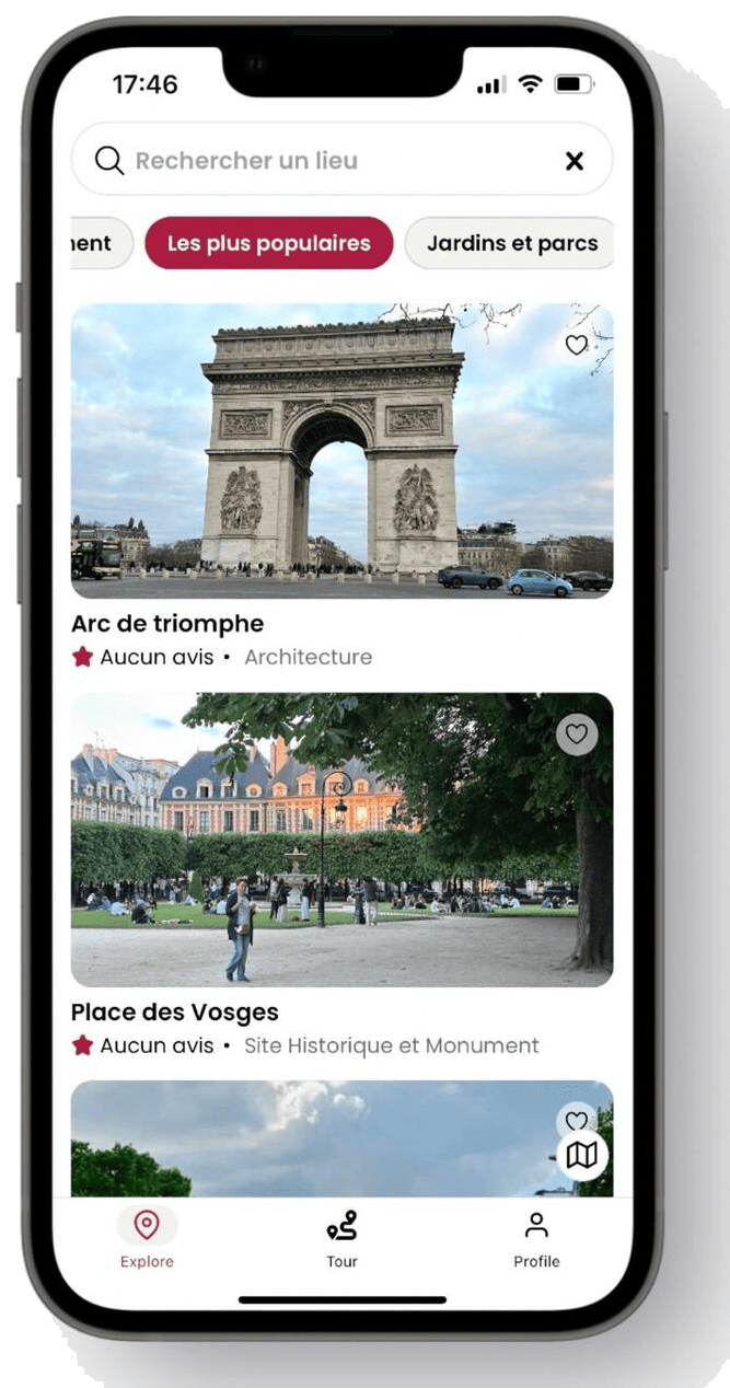 CitySpot-Entdeckungsbildschirm mit dem Arc de Triomphe und der Place des Vosges